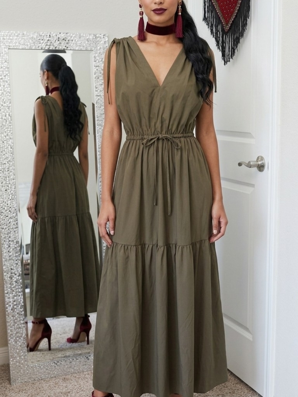 Calvin Klein Olive Sleeveless Maxi Dress with Tie Waist